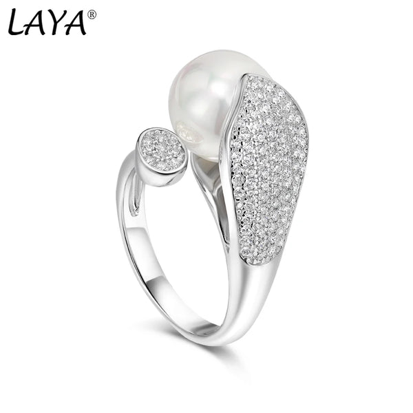 925 Sterling Silver Freshwater Pearl Ring with Clear Cubic Zirconia for Women