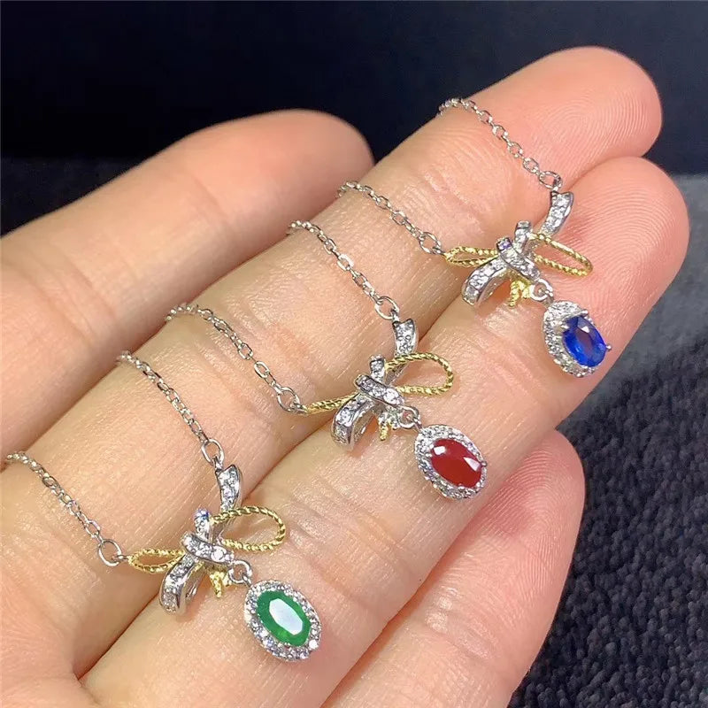 S925 Silver Natural Emerald Gemstone Pendant Necklace for Women