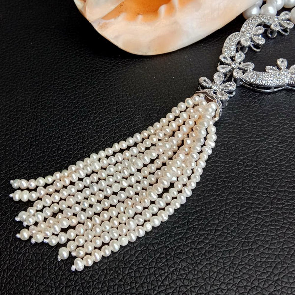 YYING luxury Natural 3 Strands Freshwater Cultured White Pearl Necklace Cubic Zirconia Pave Pendant wedding for women