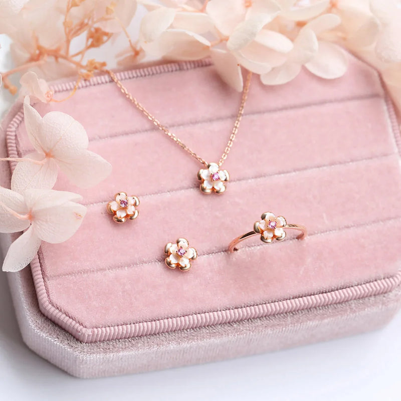 925 Silver & 18K Rose Gold Plated Pink Shell Mini Flower Stud Earrings for Women