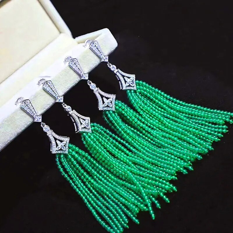 Sterling Silver Green Agate Turquoise Tassel Earrings for Women