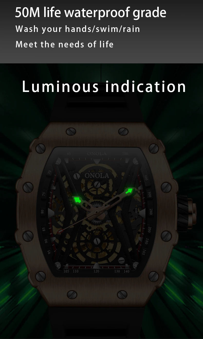 Stainless Steel Square Skeleton Luminous Watch for Men