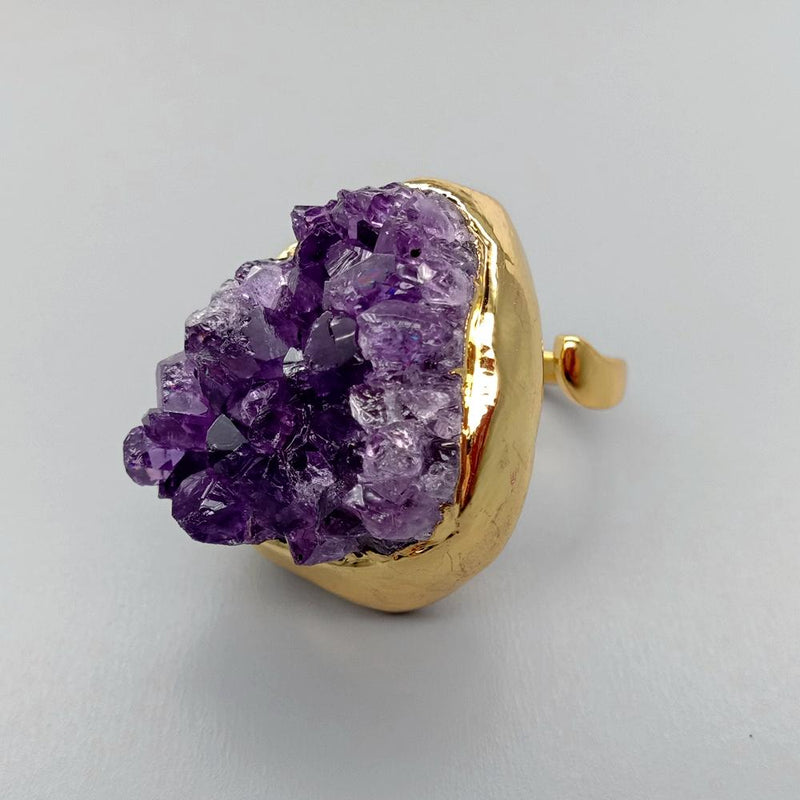 Y.YING Natural Amethsyts Druzy rough Cluster Freedom Shape Gold color Electroplated Ring Adjustable