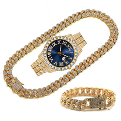 Gold Iced Out Watch with Cuban Link Chain Bracelet Necklace Choker  for Men