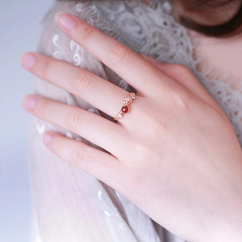 925 Sterling Silver Garnet Rose Flower Bracelet and Ring Set for Women