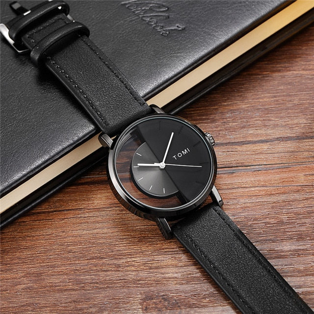 Stainless Steel Leather Half Transparent Unisex Watch