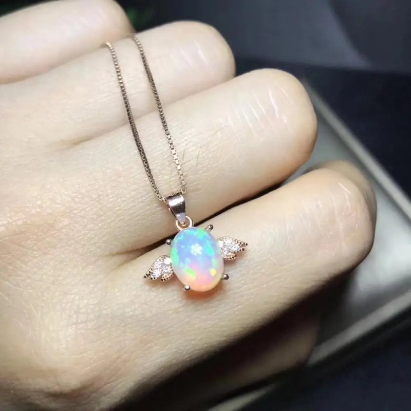 925 Sterling Silver Opal Necklace with Colorful Natural Fire Color, Fairy Tale Design for Lady