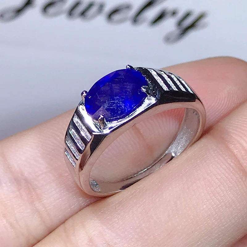 925 Pure Silver 2 Carat Natural Sapphire Ring with Super Atmosphere for Men