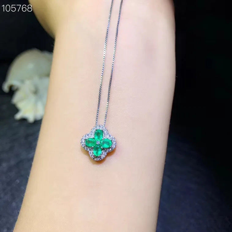 925 Silver Emerald Necklace with Clover and Grains Selection, High-end Jewelry