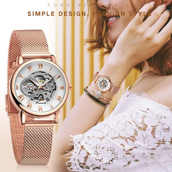 Rose Gold Stainless Steel Skeleton Mechanical Hand Wind Watch for Women