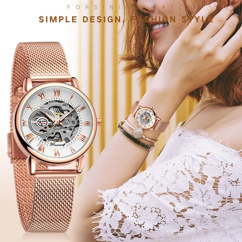 Rose Gold Stainless Steel Skeleton Mechanical Hand Wind Watch for Women