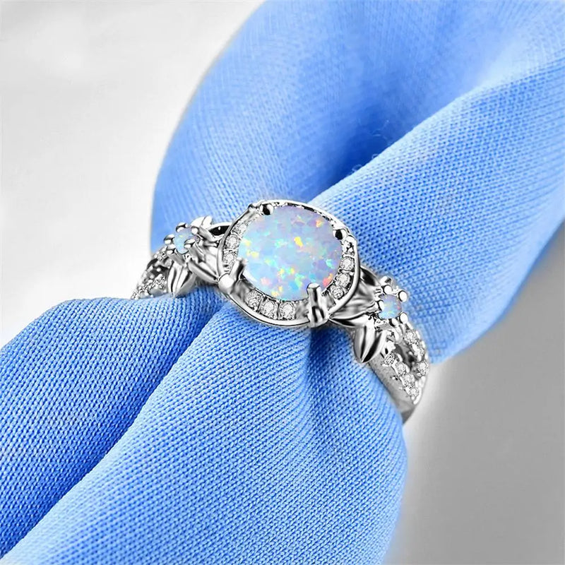 Sterling Silver Flower Opal Ring with Cubic Zirconia for Women