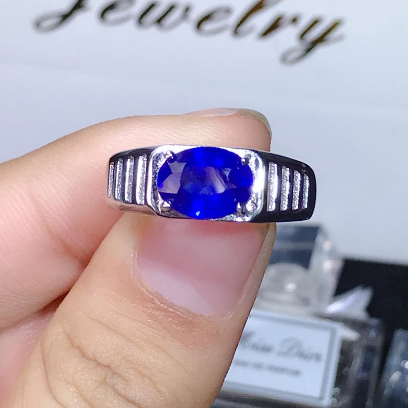 925 Pure Silver 2 Carat Natural Sapphire Ring with Super Atmosphere for Men