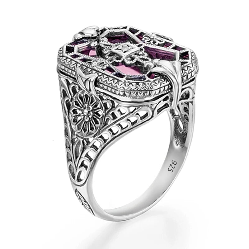 925 Silver Pink Gemstones Ring with Square Stone for Woman