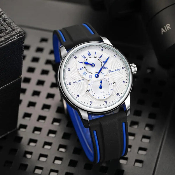 Stainless Steel Silicone Men's Automatic Watch with Blue and White Dial