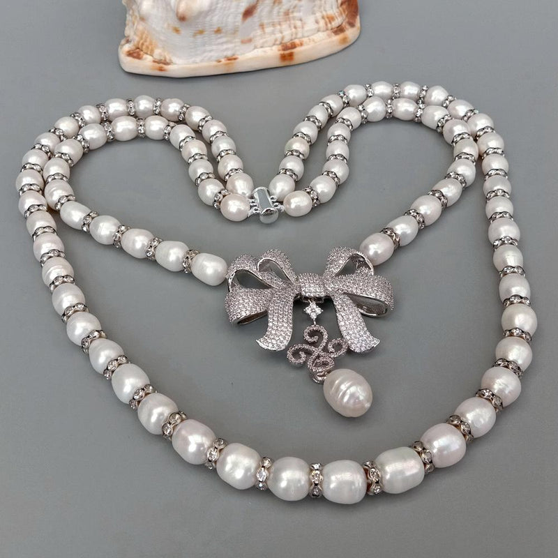 Silver Freshwater Cultured White Rice Pearl Necklace with Bowknot Pendant for Women