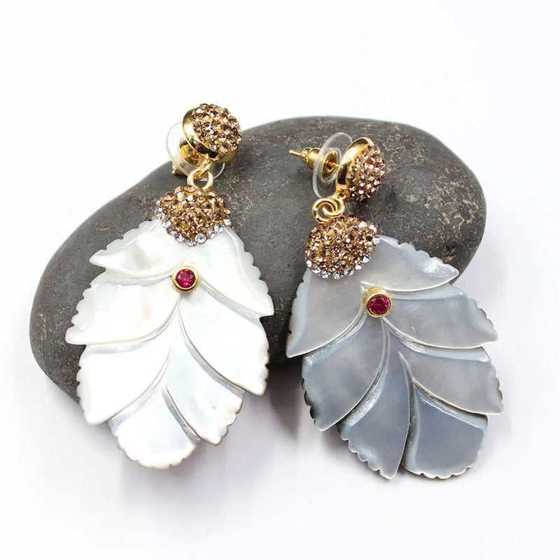 Gold Plated Natural Gray Sea Shell Leaf Mop with Golden Marcasite & CZ Dangle Earrings for Women