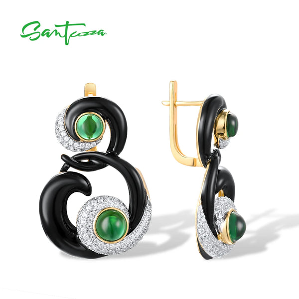 925 Sterling Silver Green Stone Earrings with White CZ and Black Enamel for Women