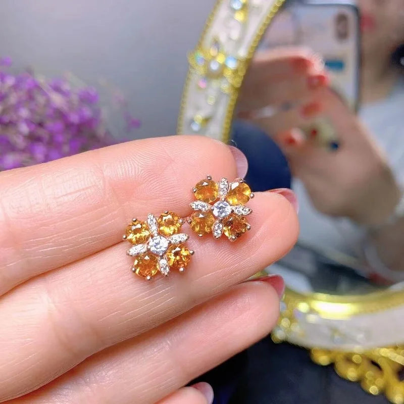 925 Silver Citrine Gemstone Flower Stud Earrings for Women