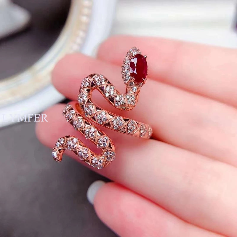 Sterling Silver Snake Ring with Natural Ruby evoking the allure of a sophisticated lady's personality and animal spirit.