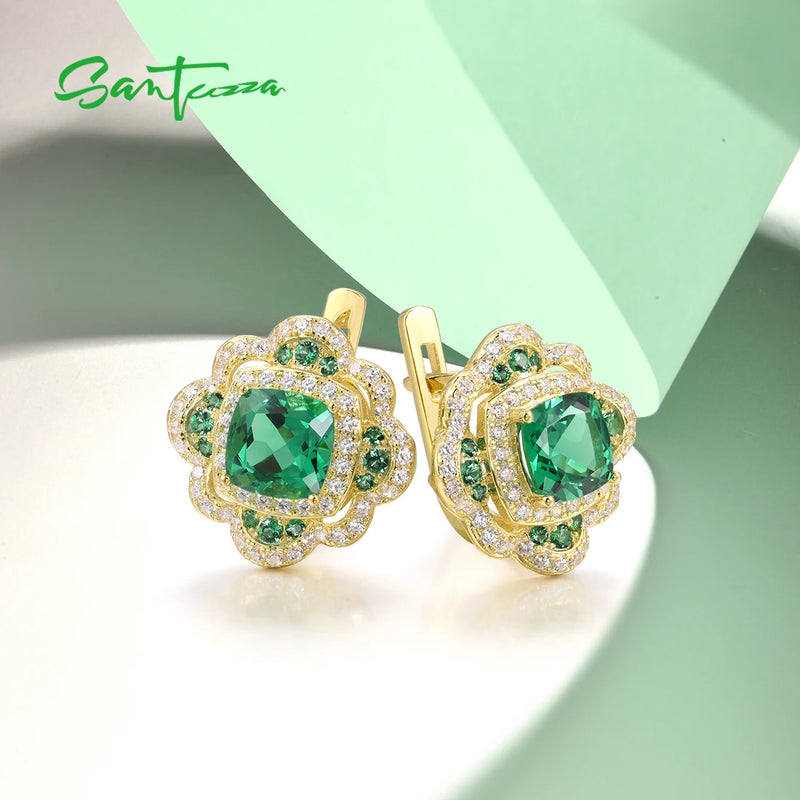 925 Sterling Silver Green Spinel & White CZ Flower Earrings for Women