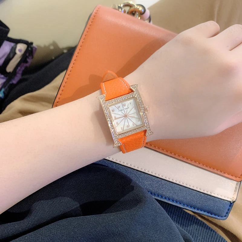 Luxury Diamond Women's Wristwatch with Leather Band and Orange Jewelry Details