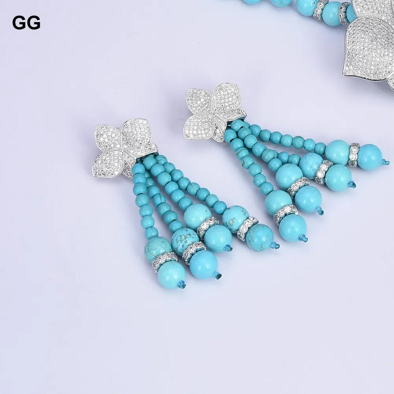 Sterling Silver Blue Turquoise Cubic Zirconia Flower Tassel Set For Women