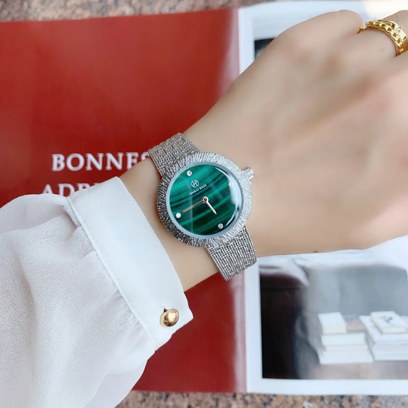 Women's Green Textured Watch with Silver Mesh Band and Japan Movement - Fashionable, Casual Style, High Quality.