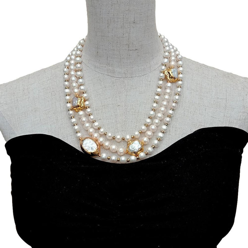 Y.YING 3 Rows Cultured White Freshwater Pearl Flower Olive Shape Pearl necklace 18\"