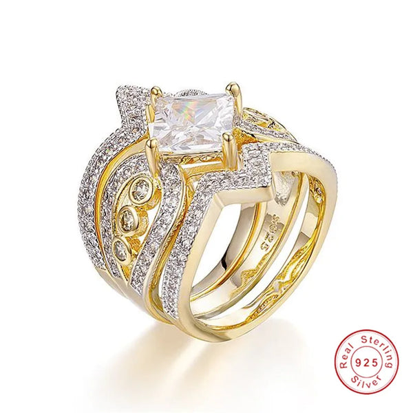 18k Gold Over Silver White Simulated Diamond 3-Piece Bridal Rings Set for Women