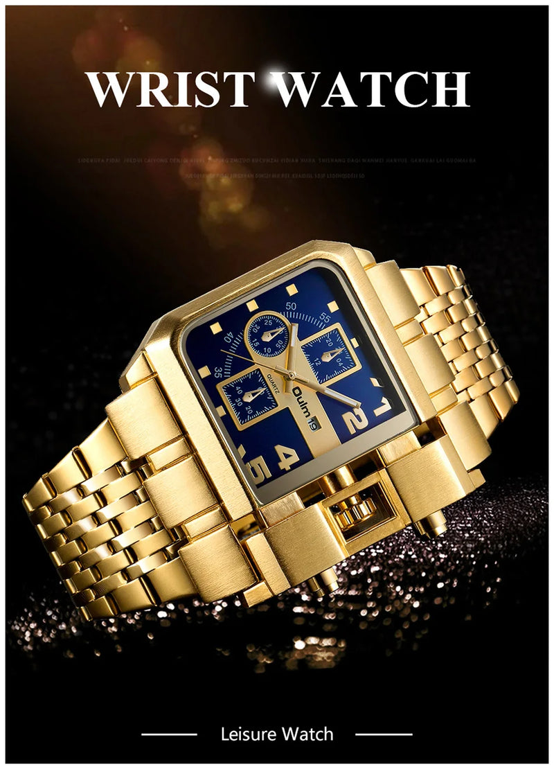 Stainless Steel Large Dial Luxury Men's Watch with Auto Date and Golden Clock.