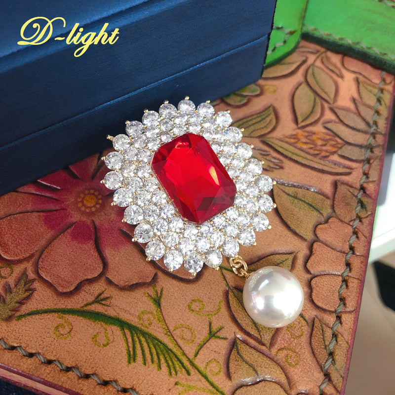 Sterling Silver Pearl Pendant with Ruby and Zircon Brooch for Ladies