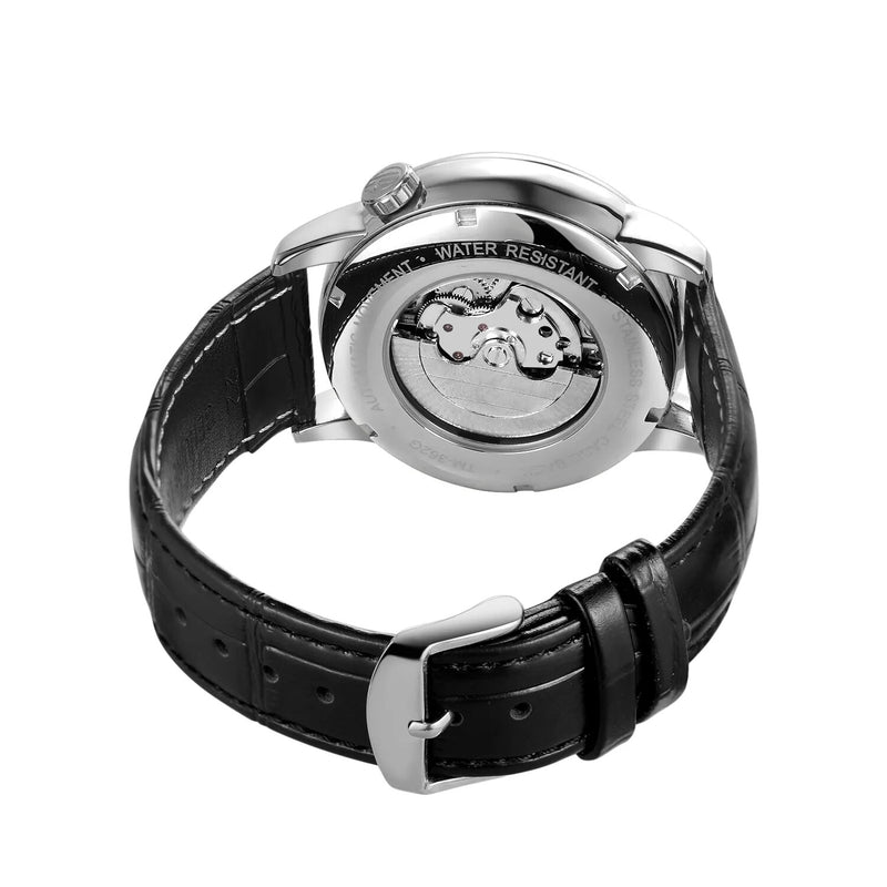 Stainless Steel Double Dial Hollow Mechanical Wristwatch for Men