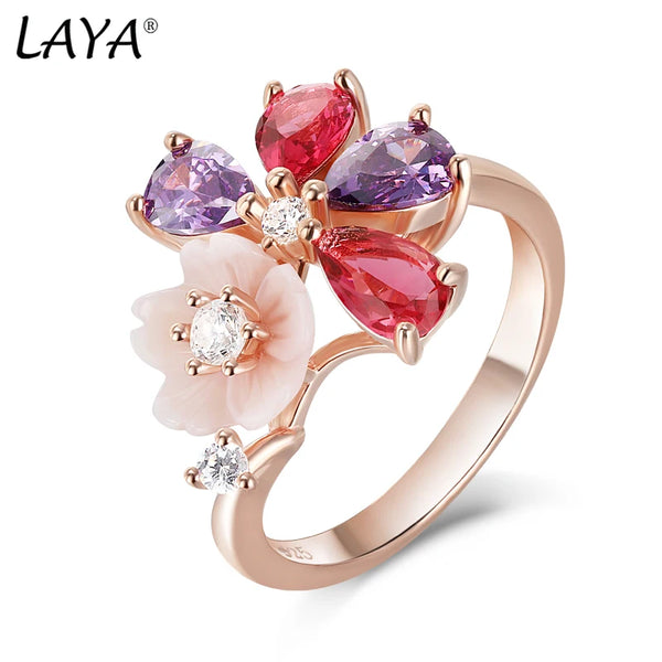 925 Sterling Silver Colored Zircon Shell Flower Ring for Women