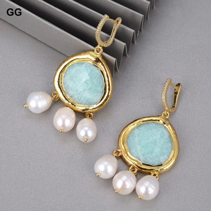 Silver Amazonite and Rice Pearl Dangle Earrings for Women