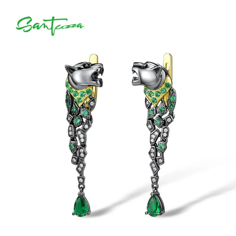 Sterling Silver Black Leopard Earrings with Green Spinel for Women