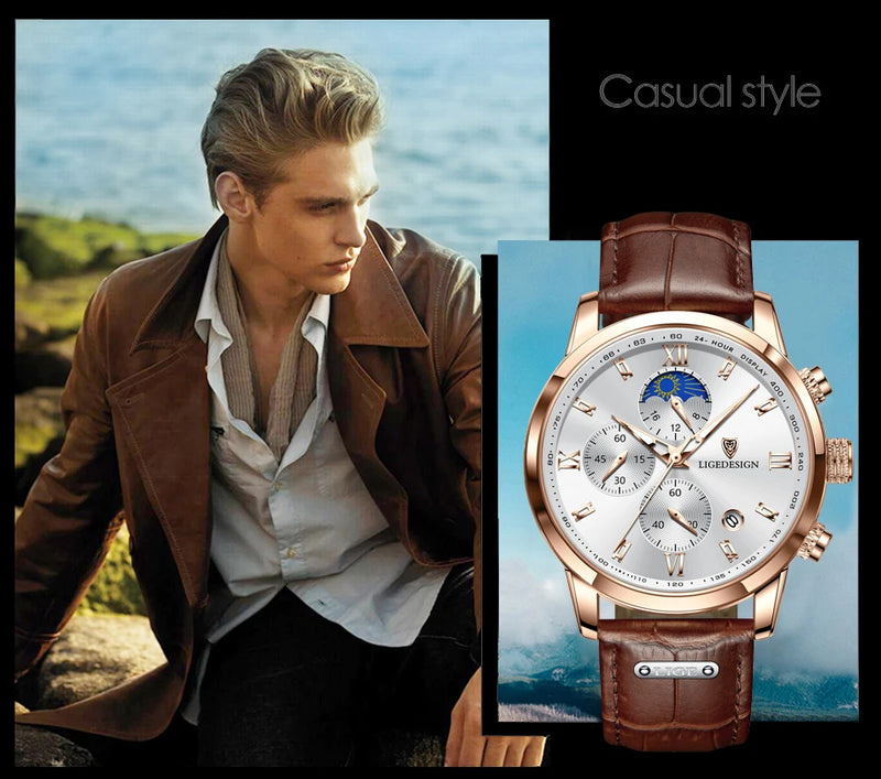 Luxury Men's Fashion Watch with Leather Strap and Waterproof Chronograph Features