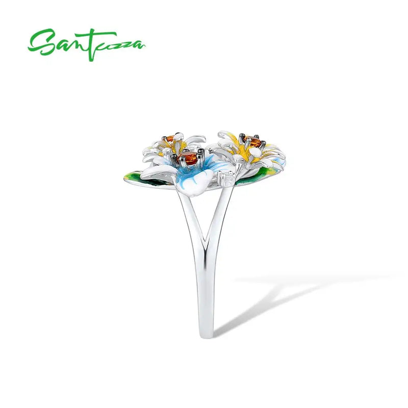 Sterling Silver Flower Enamel Rings Cubic Zirconia for Women