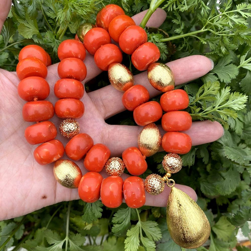 Gold Plated Faux Coral Rondelle Pendant Necklace, 21" gender-neutral