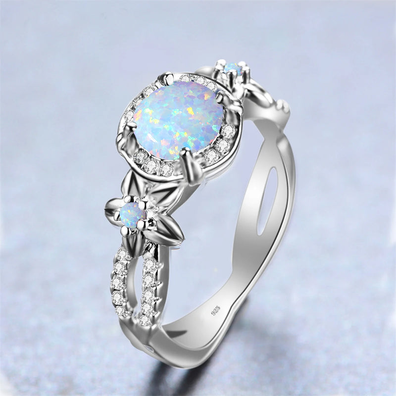 Sterling Silver Flower Opal Ring with Cubic Zirconia for Women