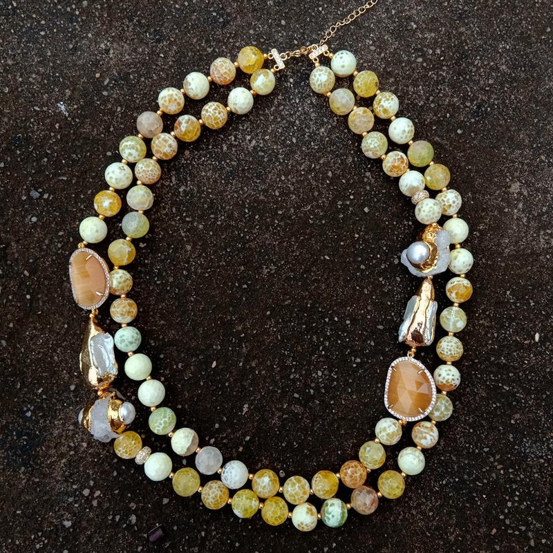 Y.YING 2 Rows Yellow Faceted Agate Druzy Cultured White Biwa Pearl Crystal Necklace Fashion Women Jewelry