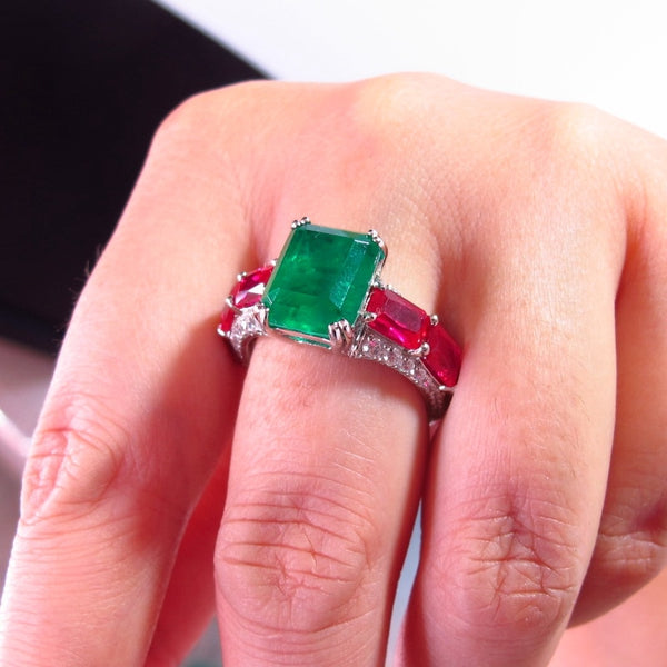 Sterling Silver Lab Red Gemstone Diamond Ring with Green Stone, For Women