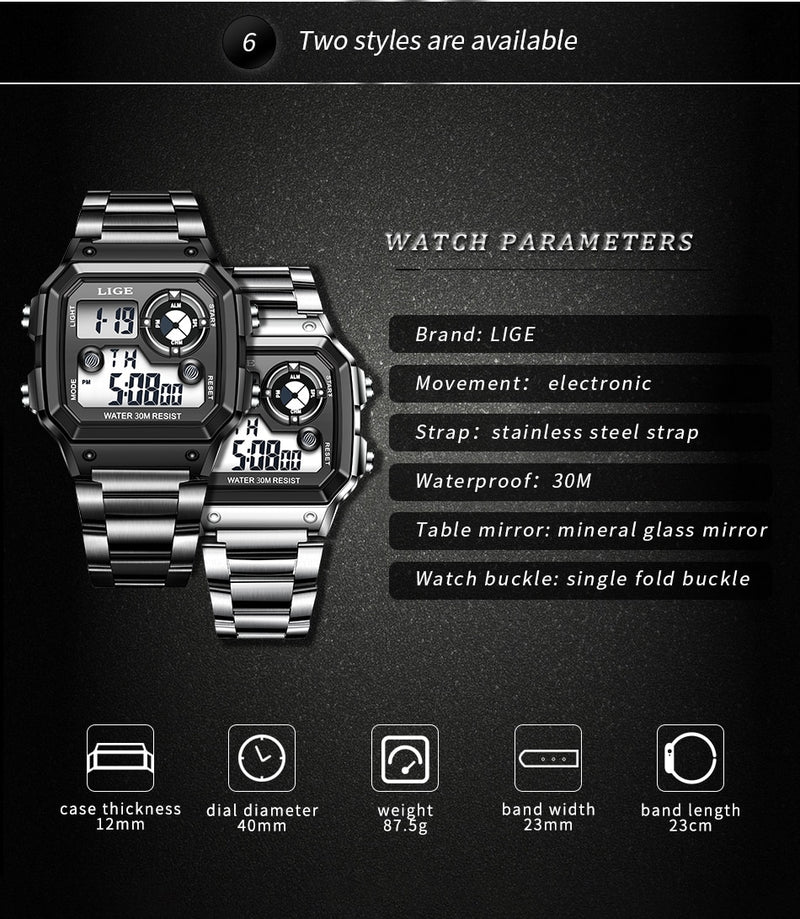 Stainless Steel Digital Military Sport Watch for Men