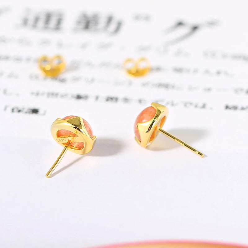 Sterling Silver Sunstone Stud Earrings with 14K Gold Plating for Women