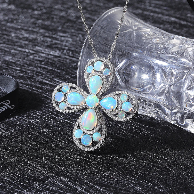 925 Sterling Silver Opal Four Leaf Clover Pendant for Women