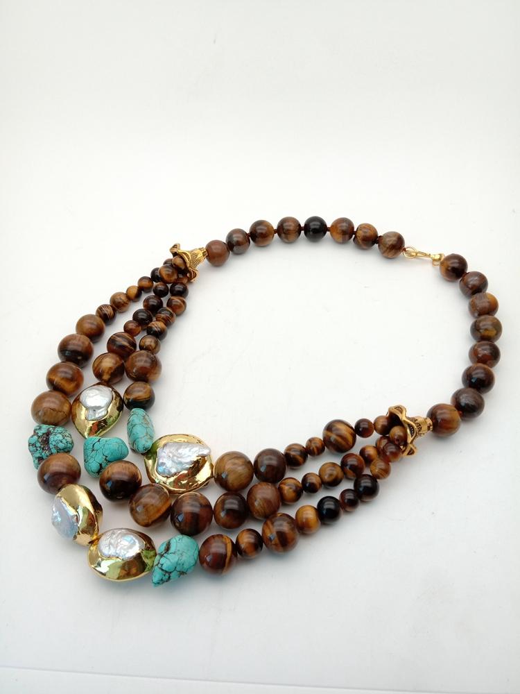 Sterling Silver Natural White Keshi Pearls, Yellow Tiger's Eye & Turquoise Nugget Statement Necklace for Women