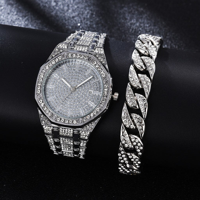 Gold Iced Out Rhinestone Cuban Chain Watch Bracelet Set for Men and Women