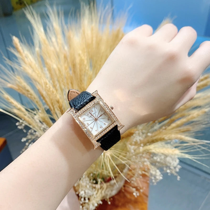 Luxury Diamond Fashion Watch for Ladies: High-Grade, Waterproof, Leather Strap, Quartz Movement.