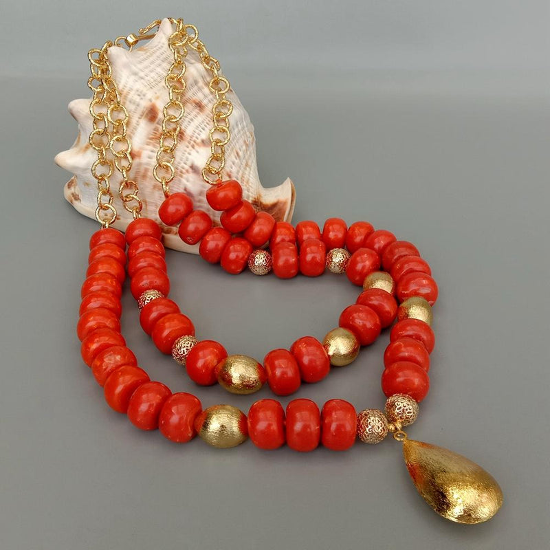 Gold Plated Faux Coral Rondelle Pendant Necklace, 21" gender-neutral