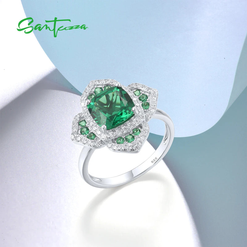 925 Sterling Silver Square Green Spinel & White CZ Flower Ring for Women